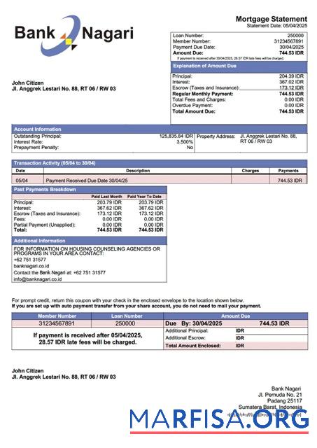 Printable Indonesia Bank Nagari mortgage statement Word and PDF template